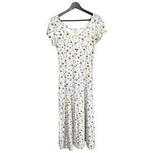 Vintage 90s White Ribbed Floral Print Short Sleeve Full Length Dress Medium